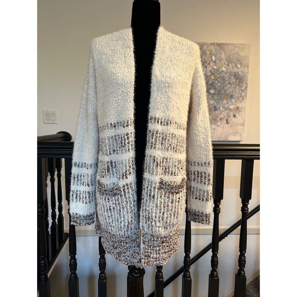 Charlie B Womens Cream Brown Striped Popcorn Eyelash Knit Open Front Cardigan M